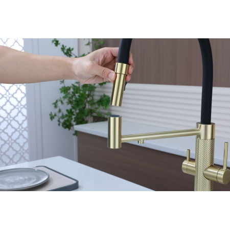 Смеситель для кухни NEXUS DIAMOND с фильтром, гибким изливом и душем, на магните, светлое брашированное золото, шланг черный Paulmark Nd613999-LG Смеситель для кухни NEXUS DIAMOND с фильтром, гибким изливом и душем, на магните, светлое брашированное золото, шланг черный Paulmark Nd613999-LG