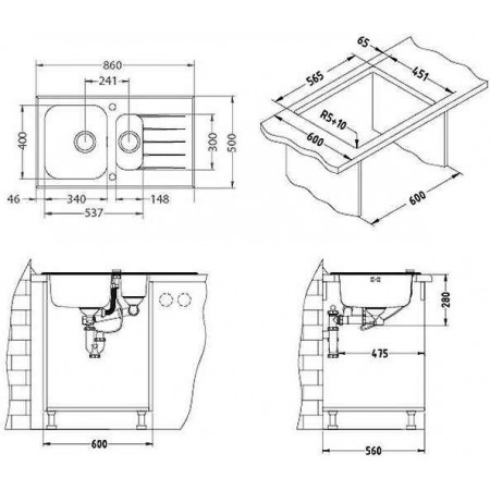 Мойка Alveus Glassix 20 Ral9005-90 комби (860 х 500) Стальная/Чёрная