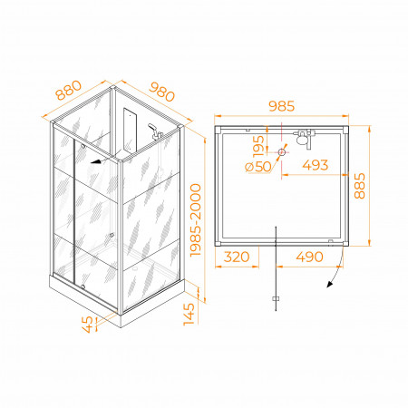Душевая кабина прямоугольная, распашная дверь, стеклянная, профиль сатин браш - RGW AN-207SBr (900x1000, Сатин - Браш)