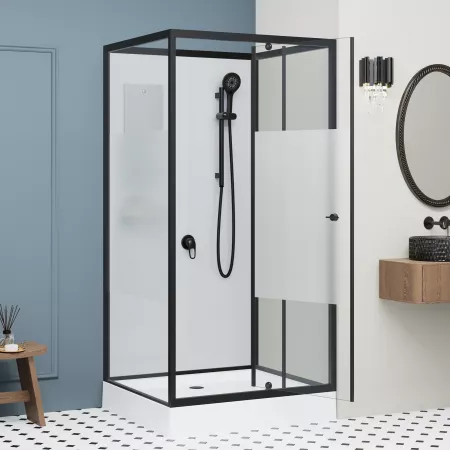 Душевая кабина квадратная, распашная дверь, стеклянная, профиль чёрный - RGW AN-207B (800x800, Черный)