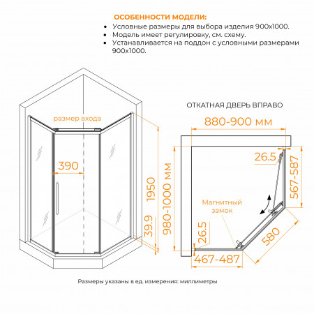 Душевой уголок стекло 6 мм, пятиугольный, форма трапеция, раздвижная дверь, RGW PA-86S (Тонированное, 900x1000)