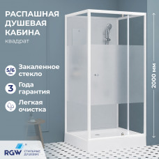 Душевая кабина квадратная, распашная дверь, стеклянная, профиль белый - RGW AN-207 (900x900, Белый)