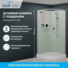 Душевая кабина полукруг, раздвижные двери, стеклянная, профиль матовый хром- RGW AN-208 (Прозрачное, 1000x1000)
