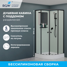 Душевая кабина полукруг, раздвижные двери, стеклянная, профиль чёрный- RGW AN-208B (Прозрачное, 900x900)