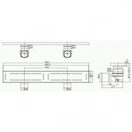 Трап сантехнический MAGdrain JC 600 Q50-B (80*600, магнитный клапан, Нерж., 2 слив. отверстия) (распродажа)
