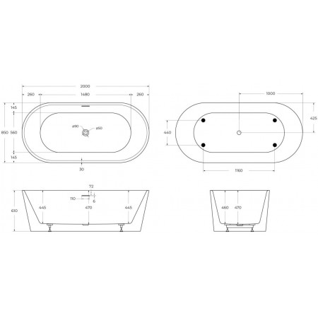 Ванна акриловая отдельностоящая BelBagno BB416-2000-850 Ванна акриловая отдельностоящая BelBagno BB416-2000-850