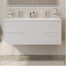 Тумба подвесная CEZARES DUET-N-1200-2C-SO-FBS-P с раковиной CZR-8073-120-1-2 с двумя отверстиями для смесителей, ясень белый софт