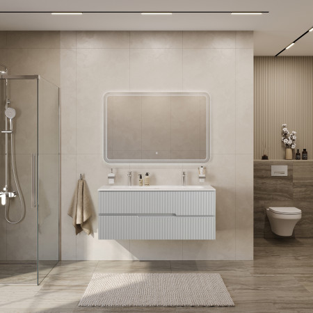 Тумба подвесная CEZARES DUET-N-1200-2C-SO-GPR-P с раковиной CZR-8073-120-1-2 с двумя отверстиями для смесителей, серый жемчужный